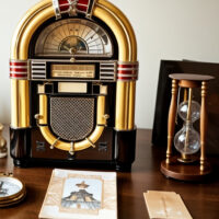 Please display an old jukebox next to compasses, theodolites, nativity figures, autographs, photo albums and postcards. all on one table. the background is a white wall.